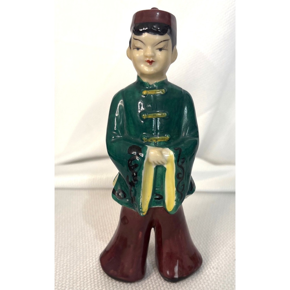 Vintage Occupied Japan Ceramic Chinese Boy Figurine Green Maroon 7 Inch